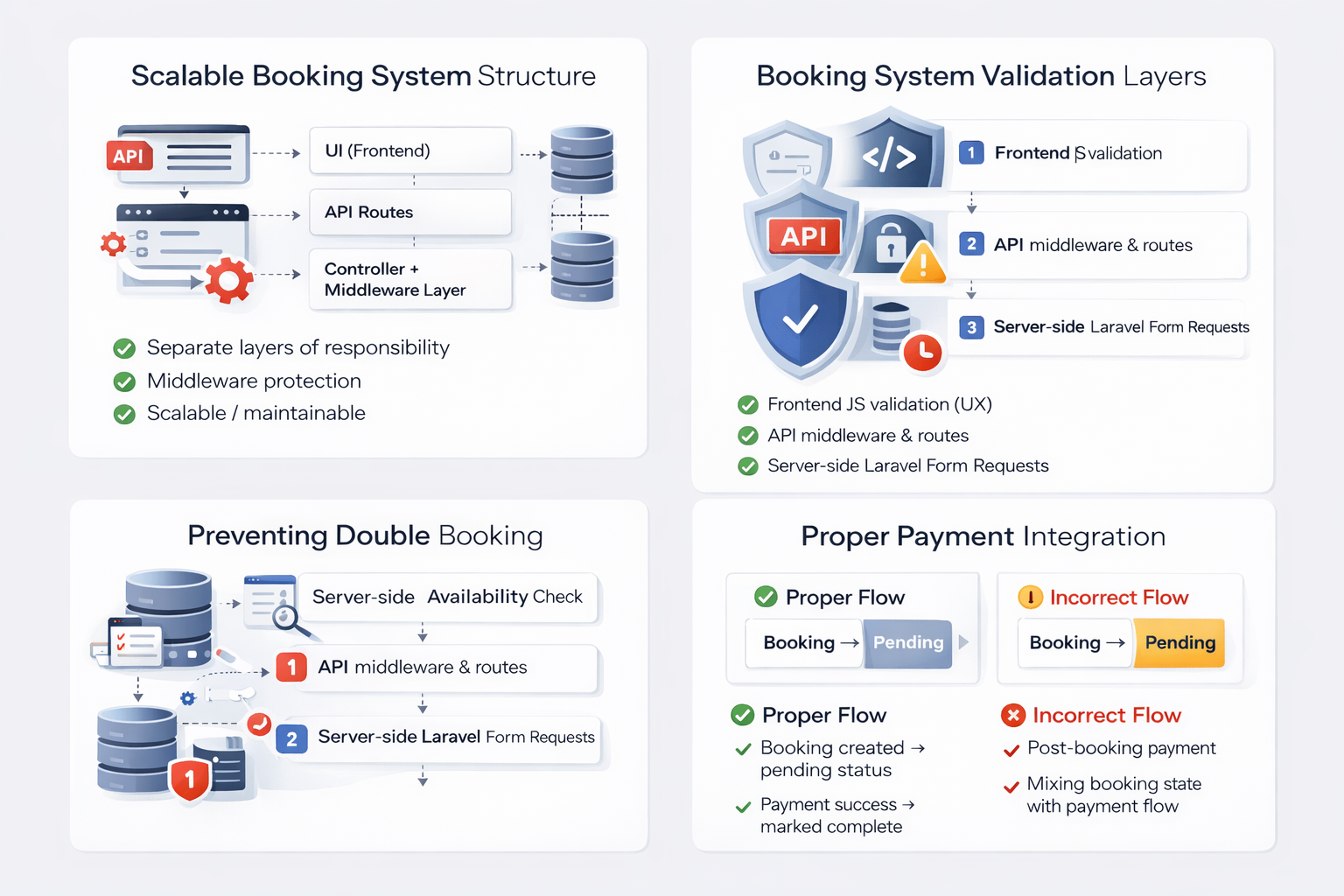 Laravel booking system database structure diagram, booking flow architecture in Laravel application, production ready Laravel booking module design, appointment booking workflow backend structure