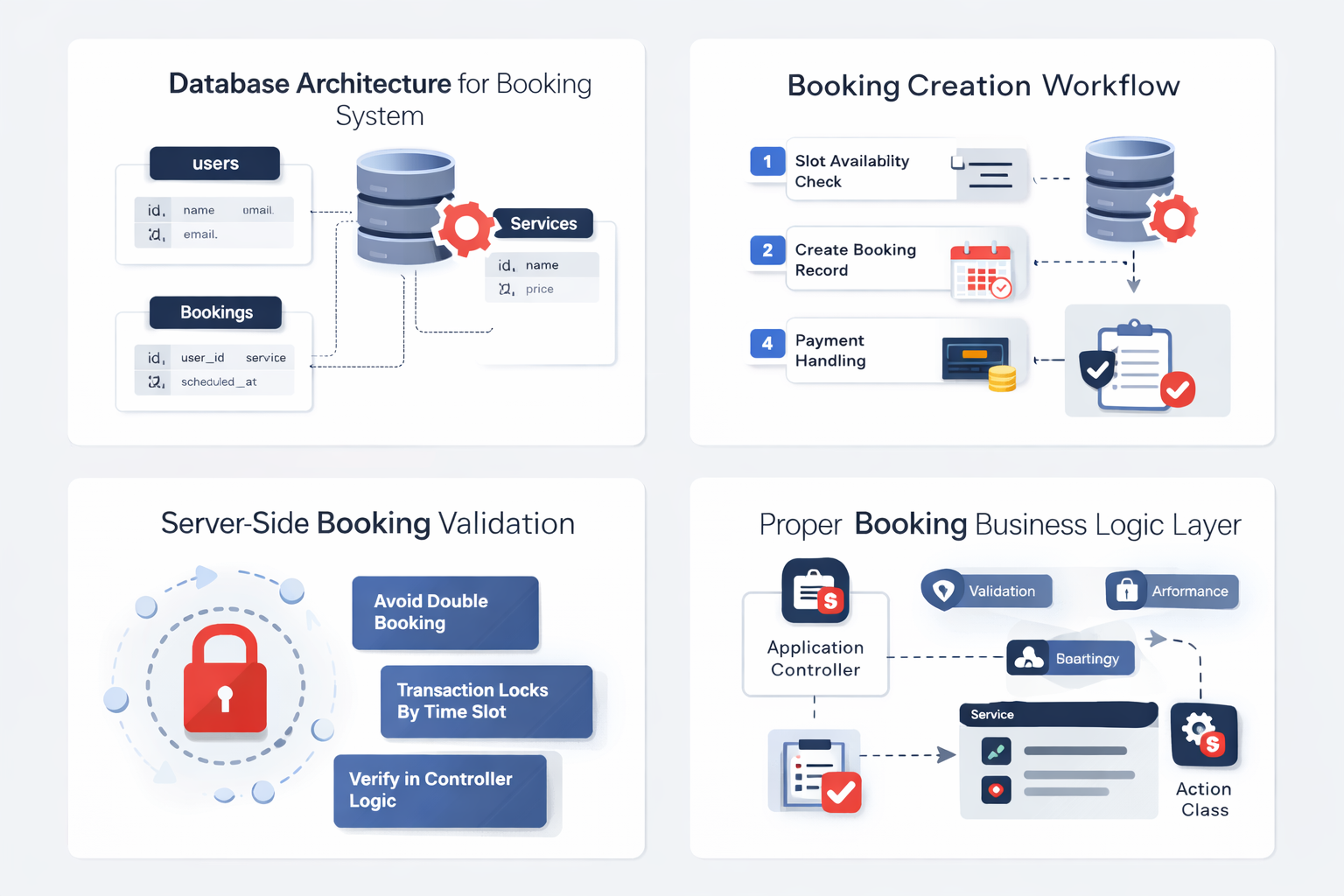 Laravel booking system database structure diagram, booking flow architecture in Laravel application, production ready Laravel booking module design, appointment booking workflow backend structure