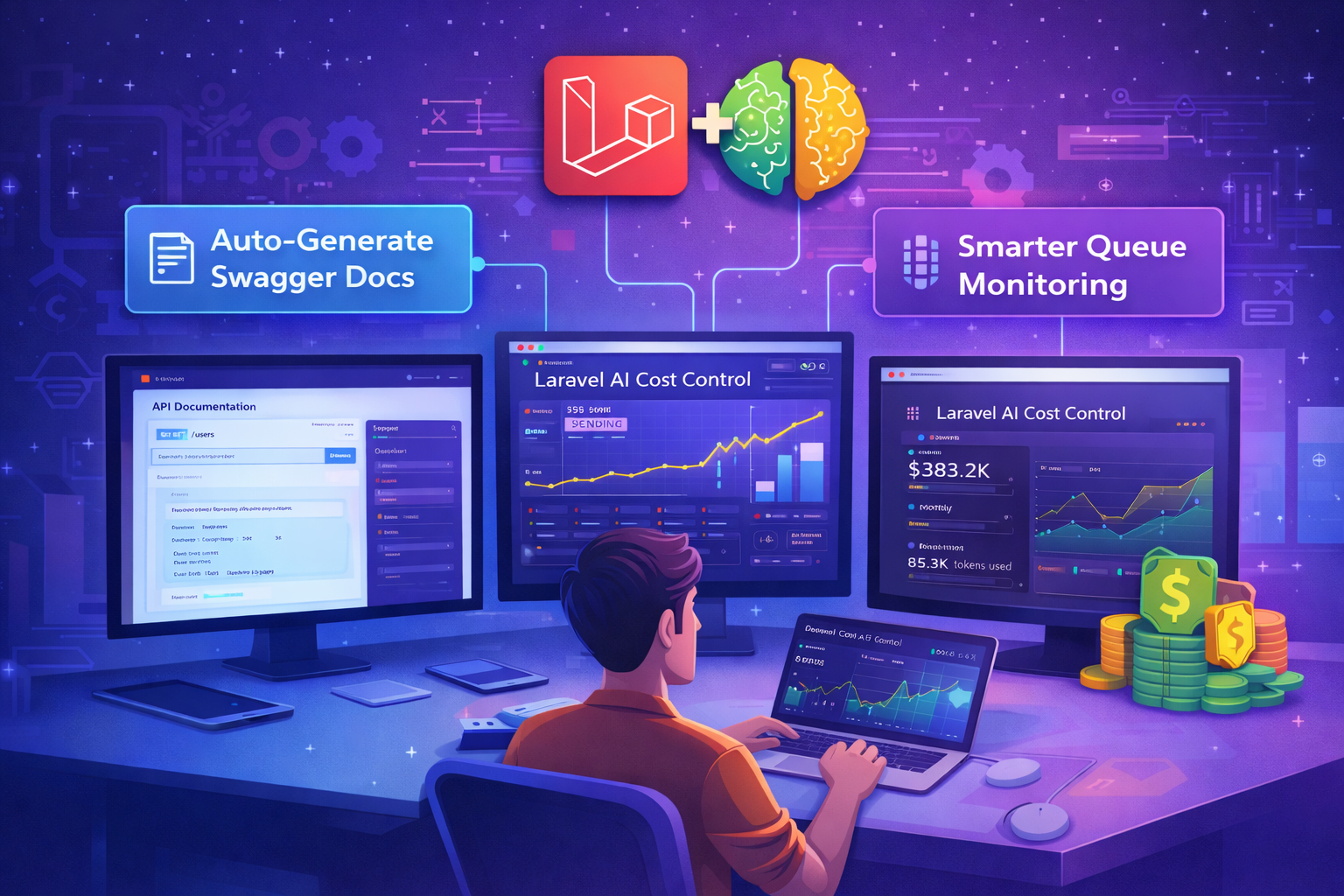 Modern developer workspace showing Laravel + AI concept, API documentation screens, queue charts, and cost dashboard, clean tech style, purple blue gradient theme, blog banner, 16:9
